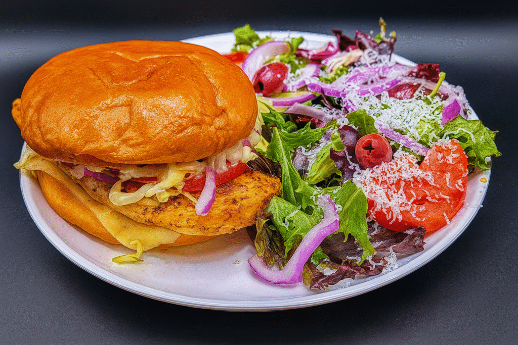 Grilled chicken sandwich with greek salad